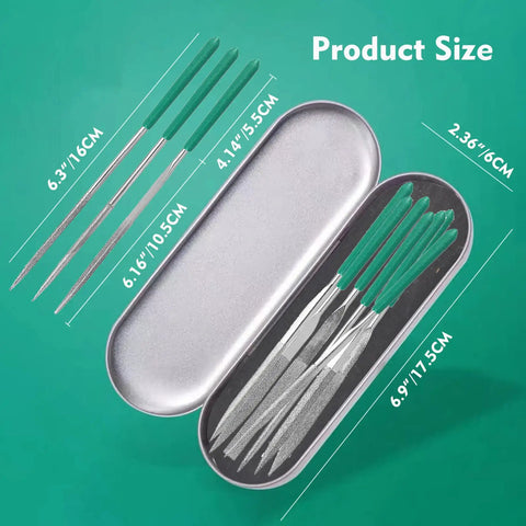 Diamond Needle File Set for Metal Plastic Wood 6.3 Inch 10 Shapes displayed with case and size measurements