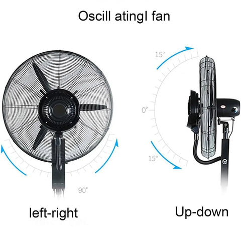 Heavy Duty Floor Misting Fan For Beat The Heat Adjustable Height Oscillating Stand Atomizer showing oscillating head features.