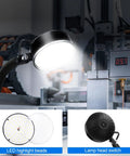 Magnetic LED Work Light 20W With 2000 Lumens 6500K shown illuminating a metal workbench with flexible gooseneck and lamp head switch.