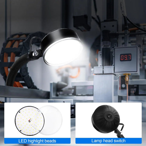 Magnetic LED Work Light 20W With 2000 Lumens 6500K shown illuminating a metal workbench with flexible gooseneck and lamp head switch.