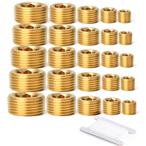 Brass Pipe Plug Set 25 Pieces Pro Grade Internal Hex Thread NPT Fittings In 1/8, 1/4, 3/8, 1/2, 3/4 Inch Sizes