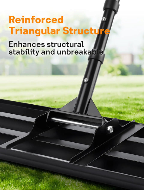 Close-up of Heavy Duty Lawn Leveling Rake with 30 By 10 Inch Plate, showcasing curved edge and anti fracture connectors on grass.