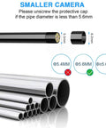 Diagram showing Wireless Endoscope Camera With Light HD Waterproof WiFi Borescope 5.5mm head and compatible pipe sizes.