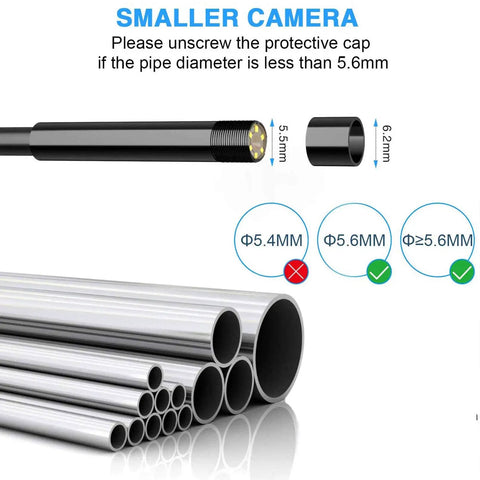 Diagram showing Wireless Endoscope Camera With Light HD Waterproof WiFi Borescope 5.5mm head and compatible pipe sizes.