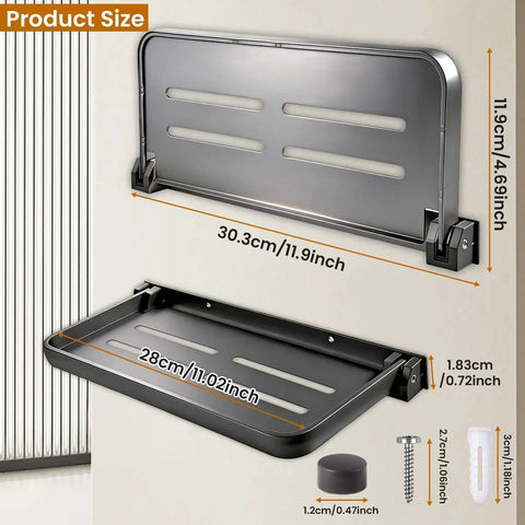 Super Sleek Aluminum RV Folding Wall Shelf With Hidden Drop Down Design wall mounted dimensions shown on wall.