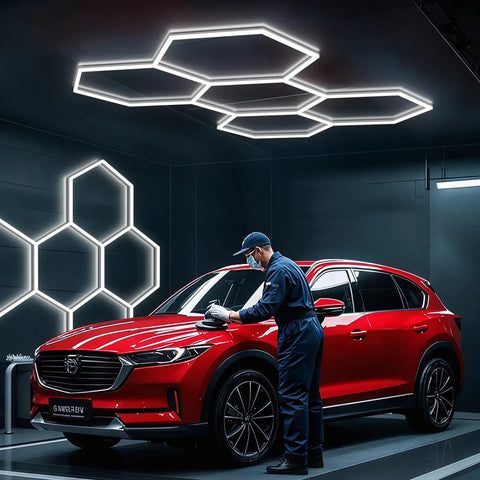 Hexagon LED Honeycomb Garage Light System 192W 23040LM Ultra Bright 6500K White Ceiling Lights illuminating a garage with a car.
