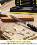 26 Piece Metal File Set With T12 Forged Alloy Steel Shop-Ready Pro Grade being used in woodworking, including flat file on wood carving.