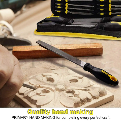 26 Piece Metal File Set With T12 Forged Alloy Steel Shop-Ready Pro Grade being used in woodworking, including flat file on wood carving.