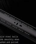 Heavy Duty Drawer Runners Slide Rail System With Boss Level Smooth Glide, Premium Upgrade Professional Elegant Steel Ball Bearings, Durable Metal Track For Cabinets, Kitchen Drawers, Tool Chests, Quiet Operation, No Jamming close-up black steel ball bearing slide