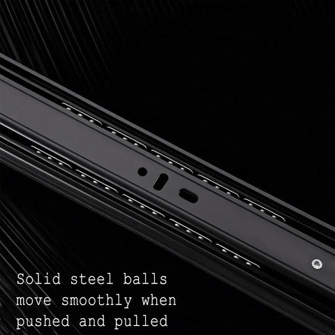 Heavy Duty Drawer Runners Slide Rail System With Boss Level Smooth Glide, Premium Upgrade Professional Elegant Steel Ball Bearings, Durable Metal Track For Cabinets, Kitchen Drawers, Tool Chests, Quiet Operation, No Jamming close-up black steel ball bearing slide