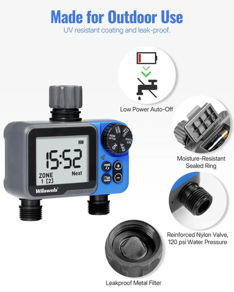 Two Zone Hose Timer with Independent Outlets Rain Delay and Programmable Schedule for Lawn, featuring digital display and connectors