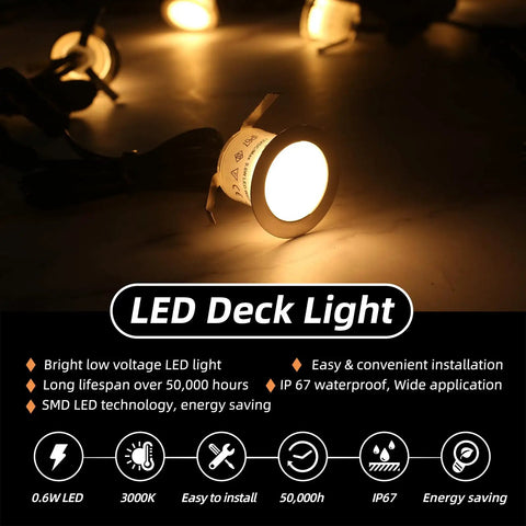 Recessed LED Deck Light Kit 16 Pack IP67 Waterproof Outdoor Landscape Lighting showcasing warm white illumination and features.