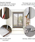 Adjustable Magnetic Window Screen Kit 56x35 with white frame and 20x20 polyester mesh, DIY friendly installation features and tools shown