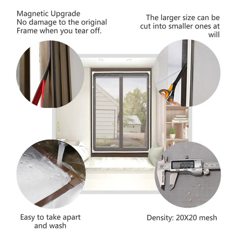Adjustable Magnetic Window Screen Kit 56x35 with white frame and 20x20 polyester mesh, DIY friendly installation features and tools shown
