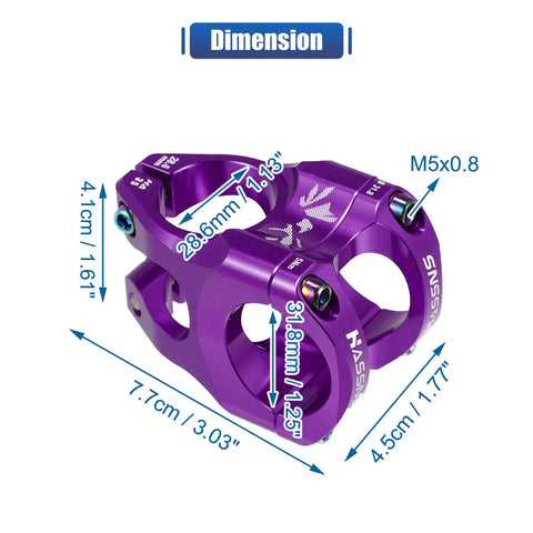Purple CNC Aluminum 35mm Mountain Bike Stem for 1-1/8 Inch Steering Tube, 7.7x4.5x4.1 cm dimensions visible