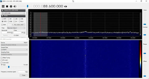 Software interface showcasing signal spectrum using the Broadcast FM Block Filter 88 to 108 MHz For SDR And Scanning With Over 50 dB Attenuation.