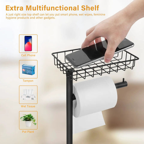 Extra Multifunctional Shelf of Dope Free Standing Toilet Paper Holder With Storage Shelf In Black And Brown Finish Holds One Dispenser And Up To Six Front Paper Towel Rolls Easy Access Bathroom Organizer Stand For Tidy Busy Homes