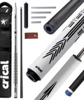 Top Shelf 58 Inch Carbon Fiber Pool Cue Stick Set Offering Dead Nuts Low Deflection Pro Taper Shaft And Slick Wrapless Grip With Extension Kit Hard Case Weight Bolts Towel For Serious League Play, showing cues, case, and accessories.