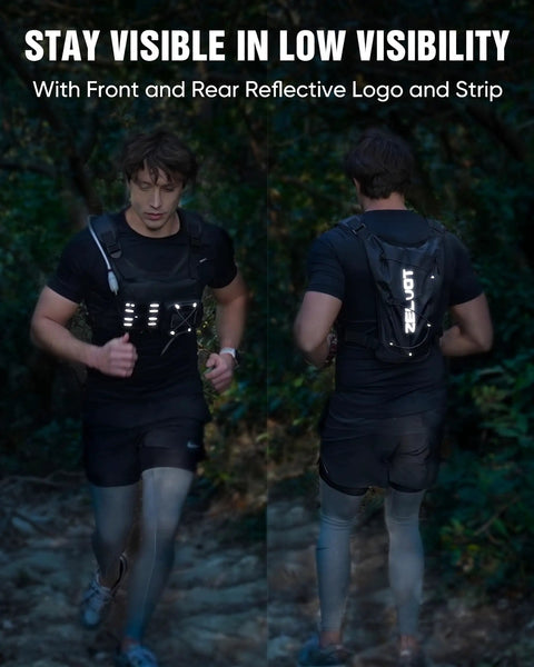 Runner wearing Hydration Running Vest With 2L Bladder, Lightweight Chest Pack, Reflective Safety Gear Holder, Black M/L