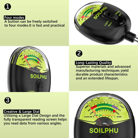 4 In 1 Soil Tester Moisture pH Sunlight And Fertility Meter for Garden Lawn Farm and Potted Plants, featuring mode switch, durability, and large dial.