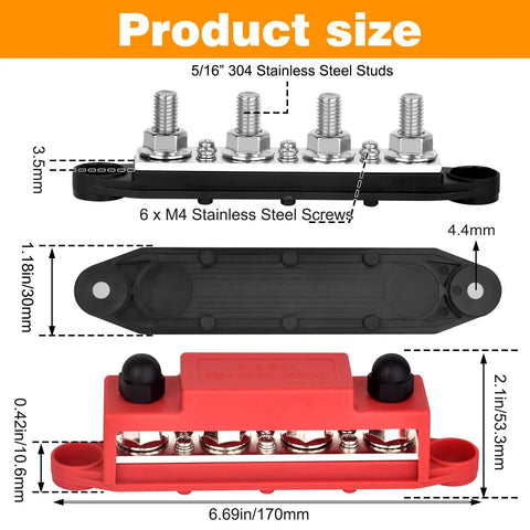 Heavy Duty 250A Power Distribution Block Pair With Thick Copper Busbar Terminal Strips For 12V Marine Boat Truck Car Audio Systems dimensions and specifications