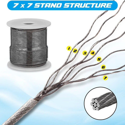Turnbuckle Wire Tensioner Kit For Cable Railing, 7x7 strand structure, stainless steel cable spool visible.