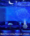 4 In 1 Galaxy Star Projector with Bluetooth Speaker illuminating a blue living room with moon and nebula ceiling effects