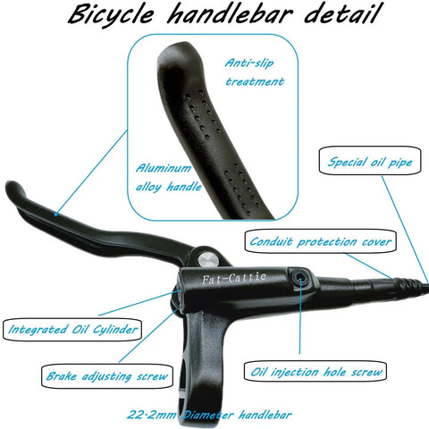 Close-up of MBT Hydraulic Disc Brake Set lever with aluminum handle and features labeled, including oil pipe and injection hole.