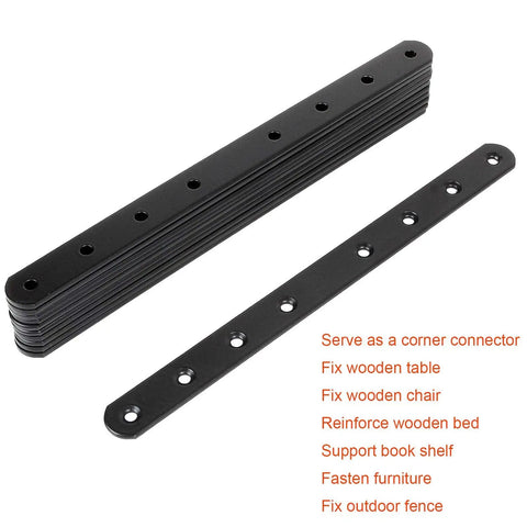 Built Tough Heavy Duty Mending Plates Black Corner Brackets 10 Inch for fixing wooden furniture, rust proof steel with 8 holes.