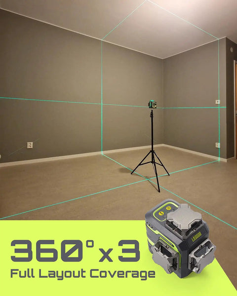 Green Beam Laser Level with Self Leveling 3x360 Degree Cross Line for construction and picture hanging on tripod in room