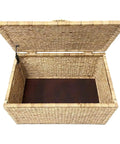 Rectangular Water Hyacinth Wicker Storage Trunk With Iron Wire Frame Handwoven And Breathable Organizer Chest open top view