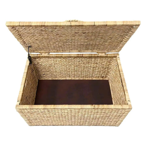 Rectangular Water Hyacinth Wicker Storage Trunk With Iron Wire Frame Handwoven And Breathable Organizer Chest open top view