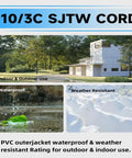 Collage showing a white house surrounded by trees, water droplets on pavement, and snow, illustrating 25 Foot Lighted Outdoor Extension Cord With 3 Prong Grounded Plug, Heavy Duty 10 3 SJTW Cable, UL Listed, LED End Indicator Lights, waterproof and weather-resistant features.