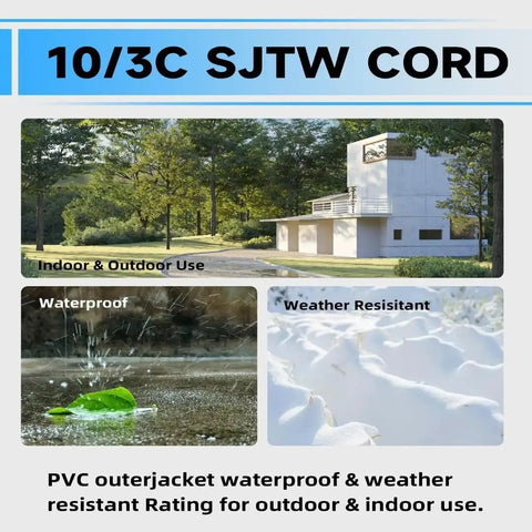 Collage showing a white house surrounded by trees, water droplets on pavement, and snow, illustrating 25 Foot Lighted Outdoor Extension Cord With 3 Prong Grounded Plug, Heavy Duty 10 3 SJTW Cable, UL Listed, LED End Indicator Lights, waterproof and weather-resistant features.
