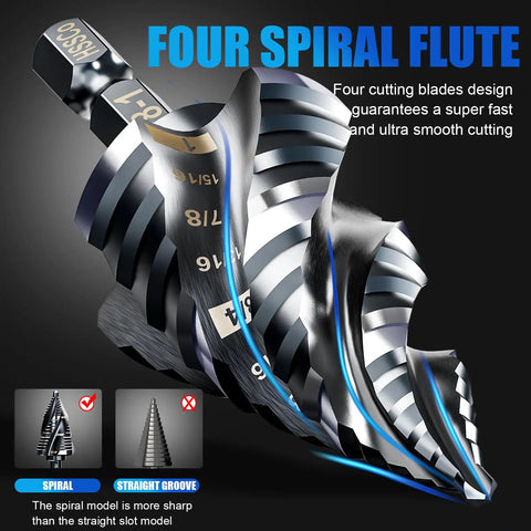 Four Spiral Flute M35 Cobalt Step Drill Bit Set One Quarter Inch Shank Three Piece Kit With Thirty Size Steps diagram