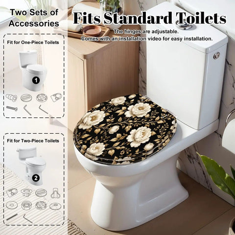 Round Peonies roses Floral vintage seamless Gold white flowers Toilet Seat on standard toilet, showcasing elegant design.