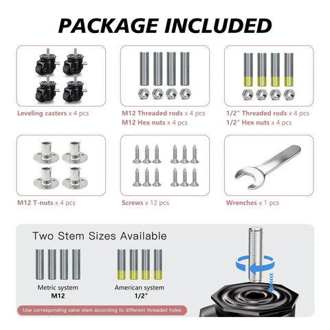 Easy Peasy Height Adjustment Solid As A Rock Heavy Duty Swivel Casters Set Of Four Adjustable Workbench Stem Wheels With Ratchet Handle Top Shelf Industrial Grade Equipment Leveler Half Inch M12 Threads 4400 Pound Capacity Max, includes leveling casters, rods, nuts, screws.