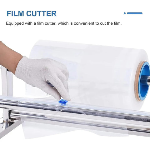 Close-up of manual stretch film winding machine with sliding cutter, accepting paper tubes up to 76 mm, for easy packaging.
