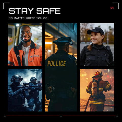 Collage of diverse first responders including police officers, firefighters, and emergency personnel in various settings.