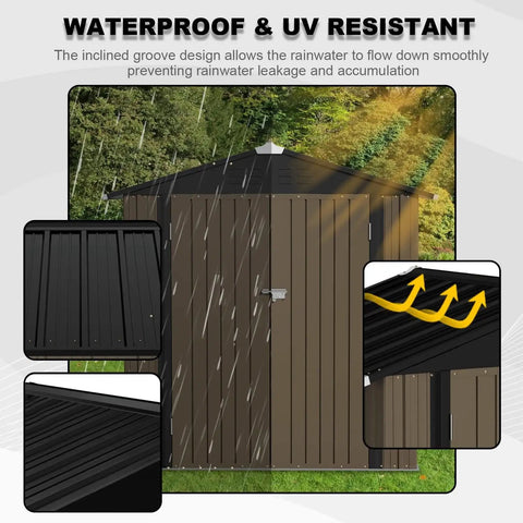 Sturdy Metal Outdoor Storage Shed 6 By 4 Ft With Lockable Door Waterproof Garden Tool Storage House in a garden setting.