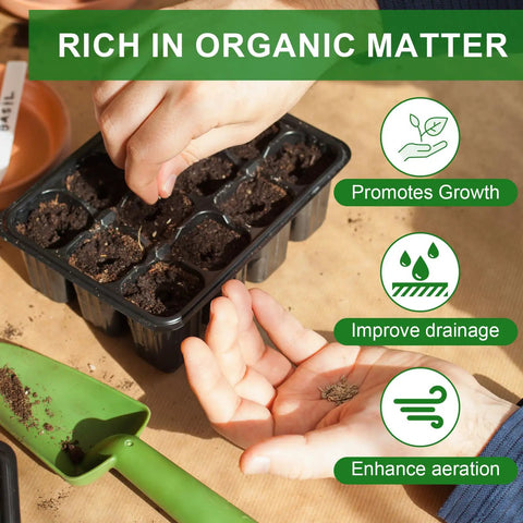 Person using Ready To Grow Seed Starter Soil Mix 1 Qt For Germination And Early Growth Loamy Well Drained Compost Blend Ideal For Veggies, Flowers And Houseplants Now in seed tray.