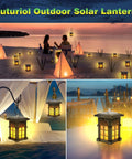 Solar Hanging Lantern With Flickering Flame, IP65 Waterproof Outdoor Garden Lights illuminating beach and patio scenes