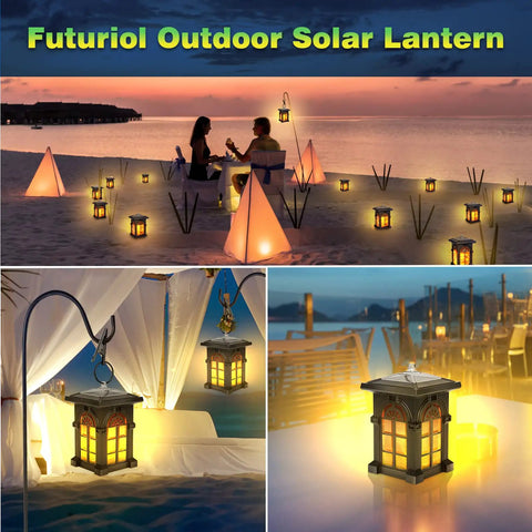 Solar Hanging Lantern With Flickering Flame, IP65 Waterproof Outdoor Garden Lights illuminating beach and patio scenes