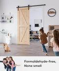 32 Inch By 80 Inch Sliding Barn Door With 5.5 Foot Hardware Kit And Handle Included Easy Install DIY Assembly For Your Home And Storage Spaces K Frame installed in a living room setting.