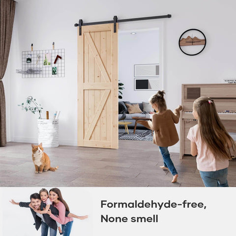 32 Inch By 80 Inch Sliding Barn Door With 5.5 Foot Hardware Kit And Handle Included Easy Install DIY Assembly For Your Home And Storage Spaces K Frame installed in a living room setting.