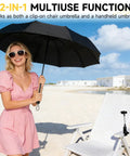 Beat The Heat All Day Chair Umbrella With Universal Clamp Portable Canopy Sunshade 360 Degree Swivel UPF 50 Plus UV Protection in use at the beach.