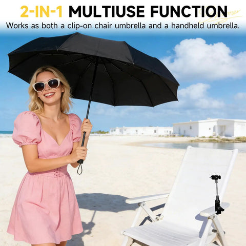 Beat The Heat All Day Chair Umbrella With Universal Clamp Portable Canopy Sunshade 360 Degree Swivel UPF 50 Plus UV Protection in use at the beach.