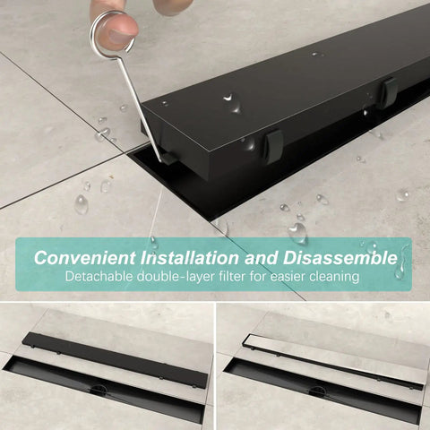 36 Inch Matte Black Linear Shower Drain With Reversible 2 In 1 Tile Insert Cover Built To Last 304 Stainless Steel Rectangle Floor Drain For Modern Bathrooms CUPC Certified Includes Accessories shown with installation tool