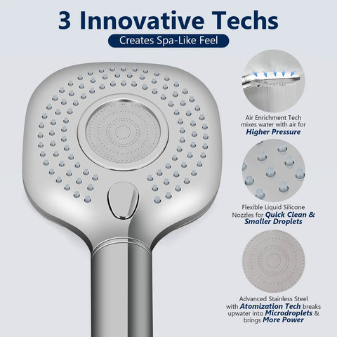 Close-up of filtered shower head with 3 modes and stainless steel nozzle, showcasing innovative tech for high pressure