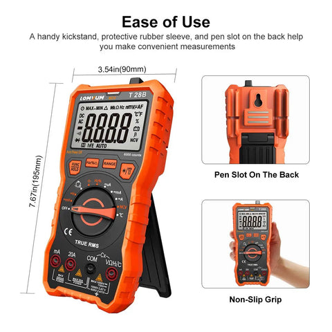 Auto Ranging Digital Multimeter For DIYers With 6000 Counts displayed, highlighting ease of use features and non-slip grip.